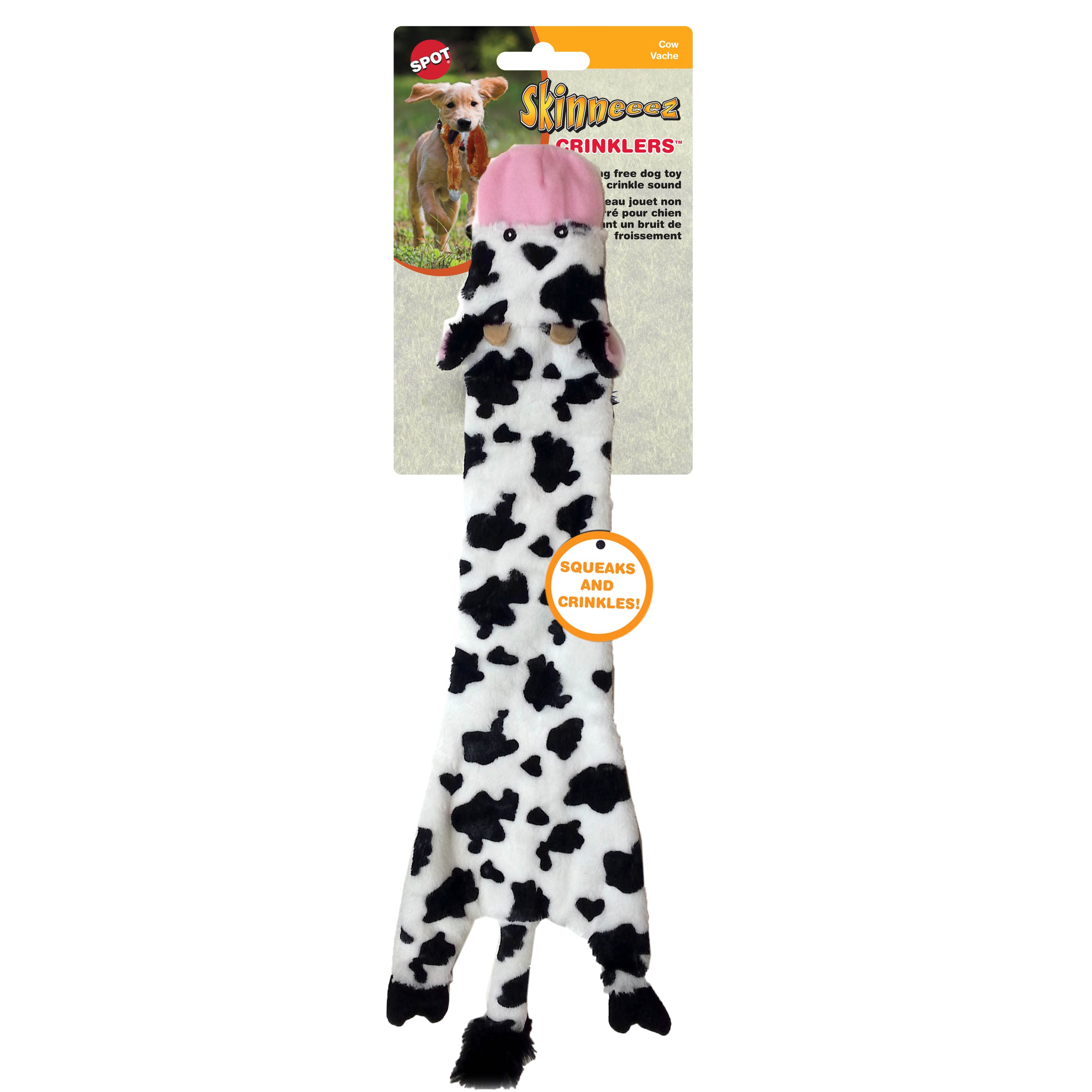 SPOT Skinneeez Plush Stuffing Free Crinkler Cow Dog Toy 14